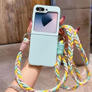 Imagem de Capa de celular colorida com cordão longo para Samsung Z Flip 7 6 5 4 3, alça transversal, proteção para câmera, capa rígida de policarbonato (para Galaxy Z Flip 4/Verde Claro)