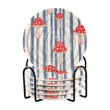 Imagem de SEHANY Conjunto de 6 porta-copos de cogumelos florestais com suporte, porta-copos redondos absorventes de algodão resistente ao calor para mesa de jantar, canecas de café, 10 cm