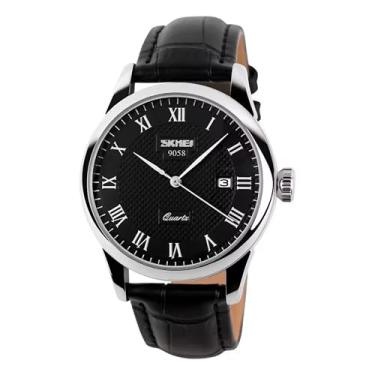 Imagem de Relógios de pulso masculinos e femininos S KMEI executivos de quartzo, numerais romanos, pulseira de couro, casual, resistente à água, relógios analógicos (PRATA PRETO MASCULINO)