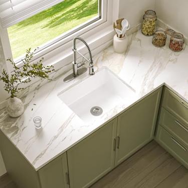 Imagem de Enbol Pia de cozinha com 24 peças de montagem inferior - 61 x 45 cm, pia de cozinha de porcelana branca, tigela única com filtro PU2318