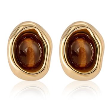 Imagem de Brincos de olho de tigre vintage oval marrom olho de tigre irregular configuração de moldura circular marrom pedras preciosas anéis de orelha de festa de formatura acessórios para ela, Zinco, Sem