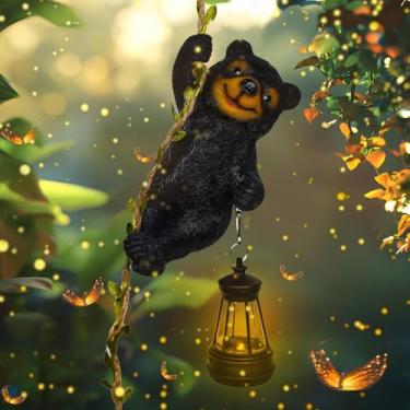 Imagem de Luz solar de jardim ao ar livre, urso preto de resina de 16,7 cm escalando em uma videira de 50 cm com lanterna de LED, estatueta de urso pendurado à prova d'água com gancho para decoração de parede
