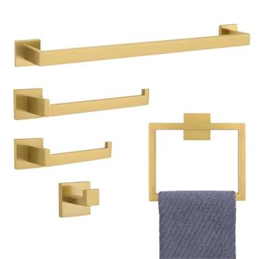 Imagem de HIRION - Kit Acessórios para Banheiro 5 Peças Dourado Ouro Escovado - Aço Inox 304 Maciço com Porta Toalha Papeleira e Ganchos