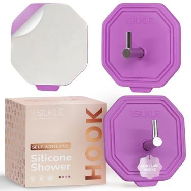 Imagem de SILKLE Ganchos de chuveiro adesivos de silicone - ganchos de parede adesivos e suporte de toalha para banheiro, azulejo, vidro, sem perfuração, à prova d'água e à prova de ferrugem, aço inoxidável