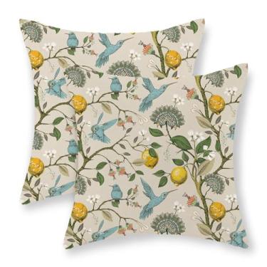 Imagem de QANOK Chinoiserie Capas de travesseiro 45,7 x 45,7 cm Conjunto de 2, primavera azul limão verde pássaro floral capas de almofada flores de fazenda decoração de casa para sofá sofá ao ar livre