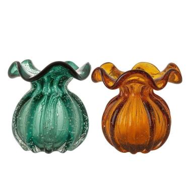 Imagem de Kit 2 Vaso Vidro Murano Trouxinha Flor Plantas Arranjos Verde Esmeralda E âmbar 10x11cm