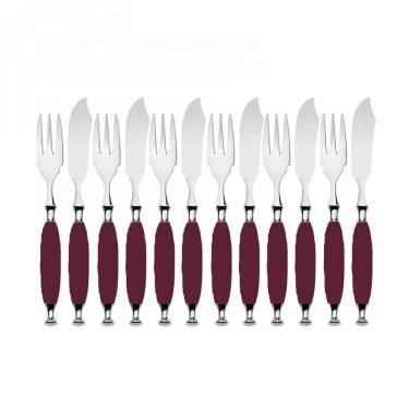 Imagem de Kit Garfo E Faca Peixe Cozinha 12 Pçs Bordô Country Bugatti
