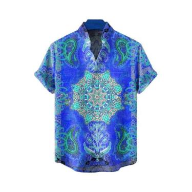 Imagem de Camisa Casual Confortável De Linho Com Estampa Tribal Retro Para Homen