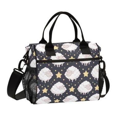 Imagem de ODAWA Lancheira preta com estrelas de ovelhas grande para trabalho com suporte de copo para piquenique