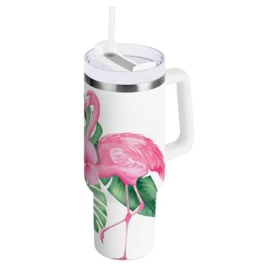 Imagem de ODAWA Copo de café grande para viagem com canudo e alça, copo com isolamento de parede dupla de folhas tropicais flamingo