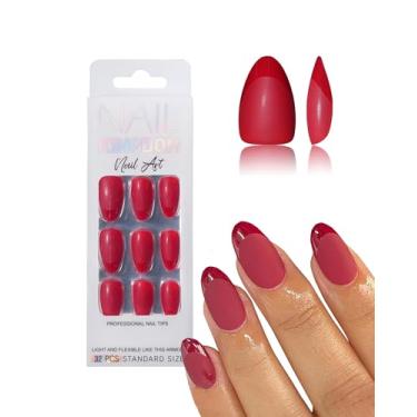 Imagem de 32 peças de unhas curtas de amêndoa, prensa de ponta francesa vermelha nas unhas com abas adesivas 16 tamanhos para mulheres e meninas