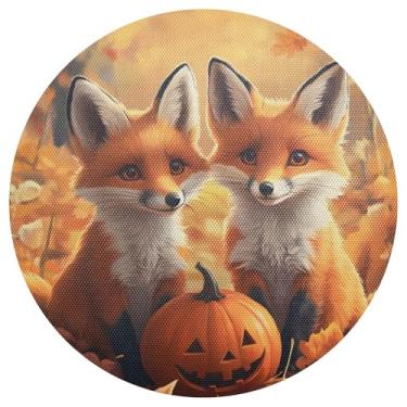Imagem de Jogo americano de outono raposa abóbora círculo conjunto de 1 jogo americano redondo de PVC 38 cm para sala de jantar jogo americano lavável para festa de Natal