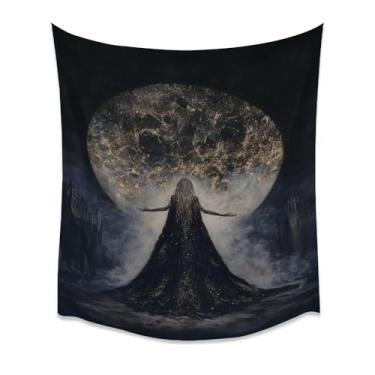 Imagem de Fantasia Eclipse Lua Deusa Tapeçaria Pendurada na Parede Vestido Preto Silhueta Mulher Celestial Céu Noturno Místico Aura Boho Dormitório Quarto Sala Estética Decoração Apartamento Branco 70x200