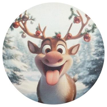 Imagem de Jogo americano redondo de rena de Natal de 38 cm, tapetes de mesa de jantar, tapetes de mesa laváveis em PVC, conjunto de 1