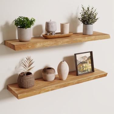Imagem de Axeman Prateleiras flutuantes de 81 cm para parede – Prateleiras flutuantes de madeira de olmo sólida rústica de 20 cm D montadas na parede, prateleiras de parede com suporte invisível para sala de