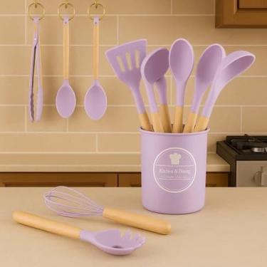 Imagem de Jogo de Utensílios Para Cozinha 12 Peças Silicone e Madeira (lilas)