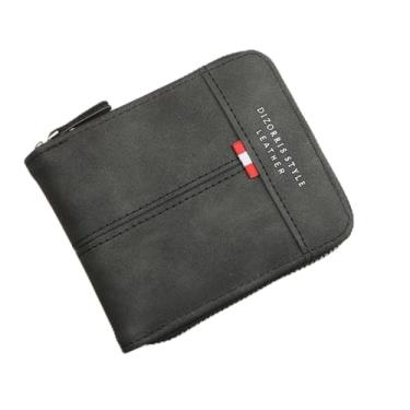 Imagem de Carteira masculina dobrável com zíper, resistente ao desgaste, clipe para dinheiro e bolso para moedas, carteira masculina de couro retrô, Preto, Simples