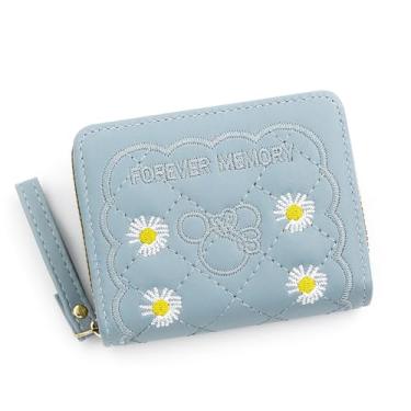 Imagem de Carteira feminina de couro genuíno com dobra dupla/tripla - Suporte minimalista para cartão de crédito com bloqueio de RFID e bolso para moedas, Azul, Casual