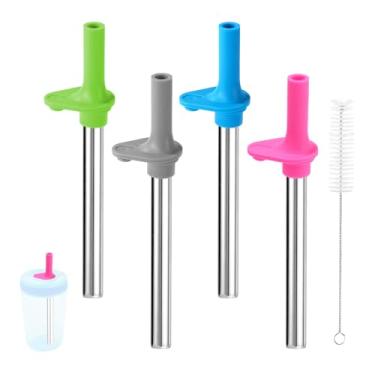 Imagem de 4 peças de substituição para canudos Zak, canudos de aço inoxidável com válvula de mordida de silicone com copo de escova de limpeza, peças de reposição para crianças 340 g/425 g (4 cores)