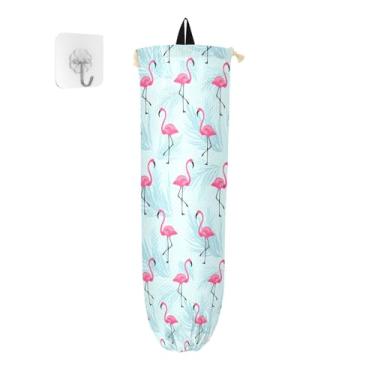 Imagem de Flamingo rosa na parede do dispensador de sacolas de supermercado azul, suporte de saco de cozinha, dispensador de sacolas de supermercado para sacolas plásticas