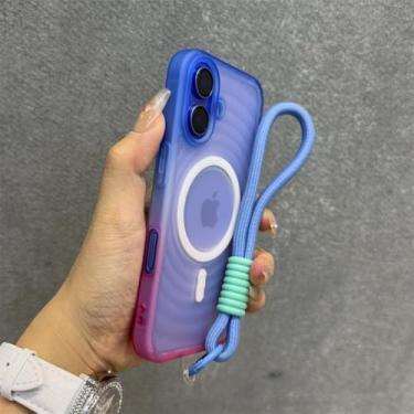 Imagem de Capa com alça de pulso magnética gradiente com efeito ondulação d'água para iPhone 12, 13, 14, 15, 16 Pro Max, fosca, translúcida e à prova de choque, azul, para iPhone 13 Pro Max