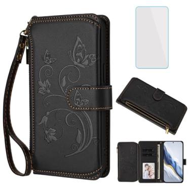 Imagem de IUQXU Capa carteira para celular Samsung Galaxy S25 FE 5G com protetor de tela, bolso com zíper, compartimentos para cartões, capa de borboleta floral para Galaxy S 25 FE EF Samsung S25FE S25EF preta