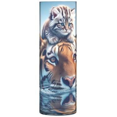 Imagem de Vaso cilíndrico para flores decorativo fofo tigre gatinho vasos de plástico e plantadores de mesa com estampa floral personalizados, 30 cm x 9,9 cm