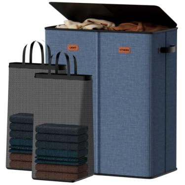 Imagem de Vexalora Cesto duplo de 150 l com tampa, cestos de roupas grandes com bolsa removível, cesto de roupa suja 2 seções para banheiro, quarto, lavanderia, dormitório, azul marinho
