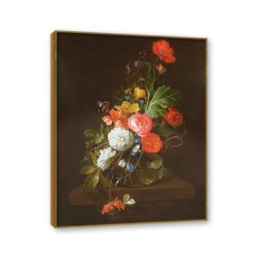 Imagem de NHLDZYH Moldura de madeira de teca. Flores clássicas Natureza Morta Tela Retrô Buquê de Flores Pinturas Estilo Country Decoração de Parede para Cozinha e Sala de estar. B55. 80 x 105 cm