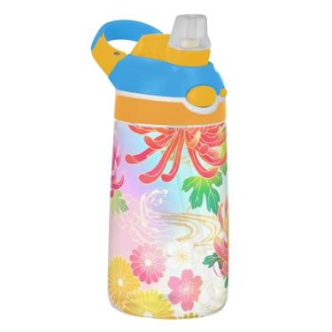 Imagem de Garrafa de água colorida de pétalas pastel para crianças 473 ml Tritan garrafa de água de plástico reutilizável com tampa de canudo 473 ml copo infantil portátil à prova de vazamento, alça de