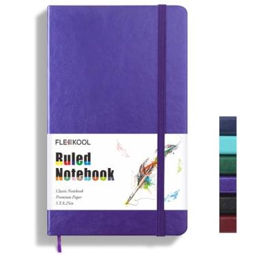 Imagem de FLEEKOOL Caderno pautado A5, caderno pautado universitário de couro com papel pautado de 100 g/m², 12,7 cm x 21 cm, capa dura, bolso interno - roxo