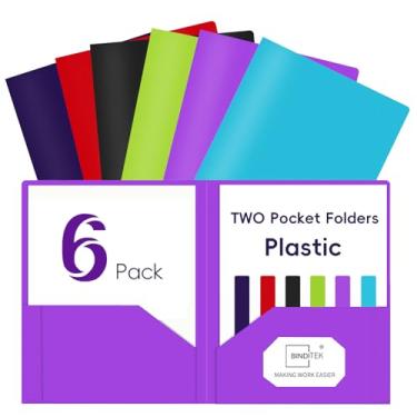 Imagem de Binditek Pastas de plástico com bolsos (pacote com 6, cores sortidas), pastas de arquivo resistentes com 2 bolsos com compartimento para cartão de visita, para tamanho carta