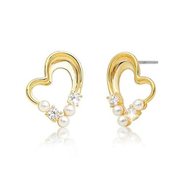 Imagem de Sonateomber Brincos de coração para mulheres, brincos modernos de strass brilhante pérola oca amor acessórios de formatura moda presente, Latão, Zircônia cúbica