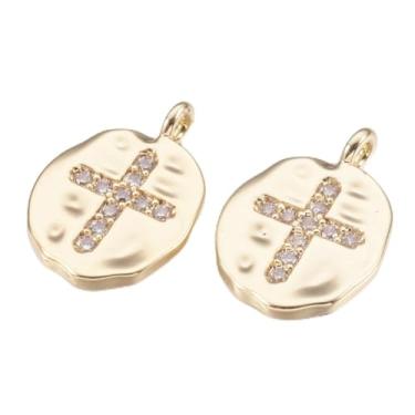 Imagem de 2 pingentes de latão micro pavê de zircônia cúbica transparente, oval dourado com pingentes de cruz, berloque de fabricação de joias a granel para colar, pulseira, brinco e artesanato DIY, 1,4 x 1 x