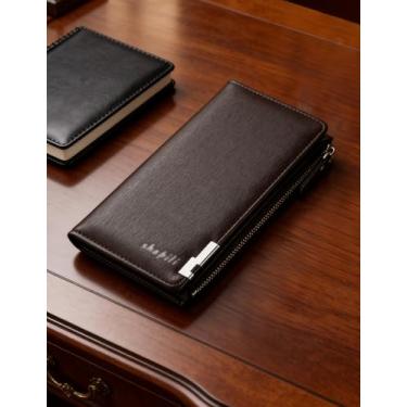 Imagem de Bolsa de couro masculina para celular, carteira longa com zíper lateral com vários compartimentos para cartões e bloqueio RFID, organizador casual de grande capacidade para levar (cáqui profundo)