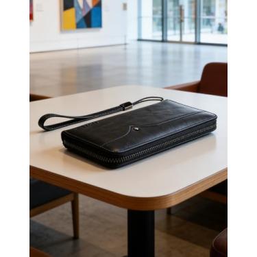 Imagem de Carteira longa criativa para homens, carteira de couro com zíper único com design multifuncional e compartimentos para cartões de visita, embreagem inovadora com bloqueio de RFID para transporte