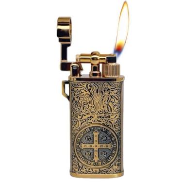 Imagem de Isqueiro St Benedict Constantine com bolso de metal, vintage, reutilizável, clássico, criativo, butano, para presente decorativo de coleção (butano não incluído) (dourado)