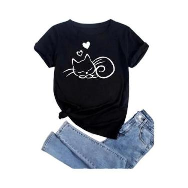 Imagem de Camiseta Feminina De Verão Com Estampa De Gato, Design De Cartoon Fash