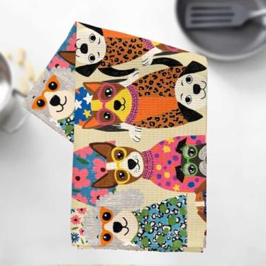 Imagem de Toalhas de cozinha divertidas e estilosas para filhotes, pano de prato decorativo de microfibra absorvente de cachorro fofo de desenho animado, toalhas de mão de waffle para cozinha, casa, banheiro