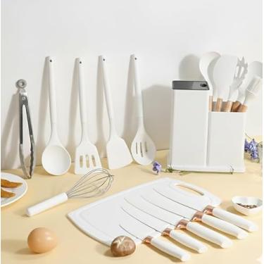 Imagem de Utensilios para Cozinha Silicone Kit com 19 Peças Cabo Madeira Conjunto Completo Espátula Concha Colher Jogo Suporte Faca Antiaderente Tabua Tesoura Faqueiro (BRANCO)