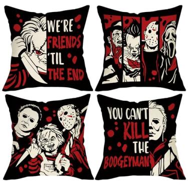 Imagem de Pycat Conjunto de 4 capas de almofada decorativas de personagem de filme de terror de Halloween 45,7 x 45,7 cm, vermelho, preto, vintage, varanda, decoração de casa, ao ar livre, casa, retrô