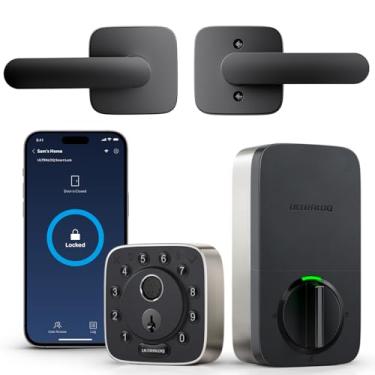Imagem de ULTRALOQ Fechadura inteligente de impressão digital com alça, funciona com Apple Home, conjunto de fechadura de porta frontal WiFi integrada, fechadura biométrica com sensor de porta, controle remoto