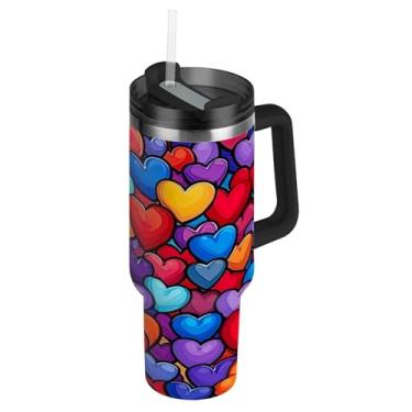 Imagem de ATTX Copo colorido com padrão de corações de amor de 1,134 g com alça, copo de aço inoxidável a vácuo de parede dupla com palha, caneca de café de viagem isolada #11