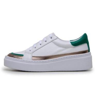 Imagem de Tênis Feminino Casual Fly Couro DIfranca 7701 - Branco Verde, 33
