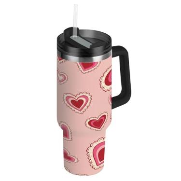 Imagem de ATTX Copo de coração concêntrico de 1,134 g Dia dos Namorados com alça, copo de aço inoxidável a vácuo de parede dupla com palha, caneca de café de viagem isolada #263