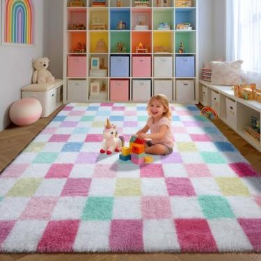 Imagem de KICMOR Tapete quadriculado 20 x 25 para sala de estar, arco-íris colorido, macio, macio, tapete felpudo para quarto, fofo tapete de pelúcia para crianças, meninas, meninos, dormitório, berçário