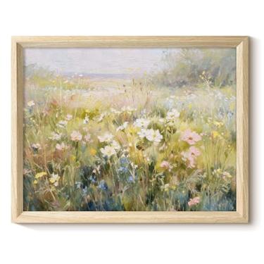 Imagem de VIYYIEA Arte de parede emoldurada de texturas de madeira de Páscoa engraçadas, impressões em tela de campo de flores, decoração de casa tranquila, imagem de pintura emoldurada impressa, presentes de