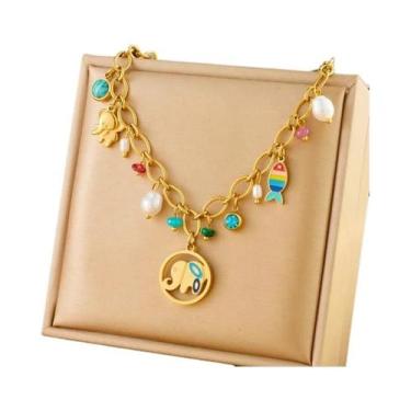 Imagem de Colar Feminino Com Pingente De Elefante E Pérola Turquesa Em Aço Inoxi