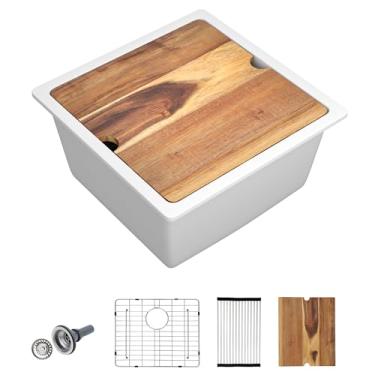 Imagem de Fulorni 45,72 cm x 45,72 cm Undermount Wet Bar Sink Workstation - Quartzo composto de granito branco clássico tigela única sob balcão pequena pia