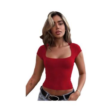 Imagem de Camiseta Feminina Slim Fit Com Decote U E Manga Curta, Top Casual Sexy